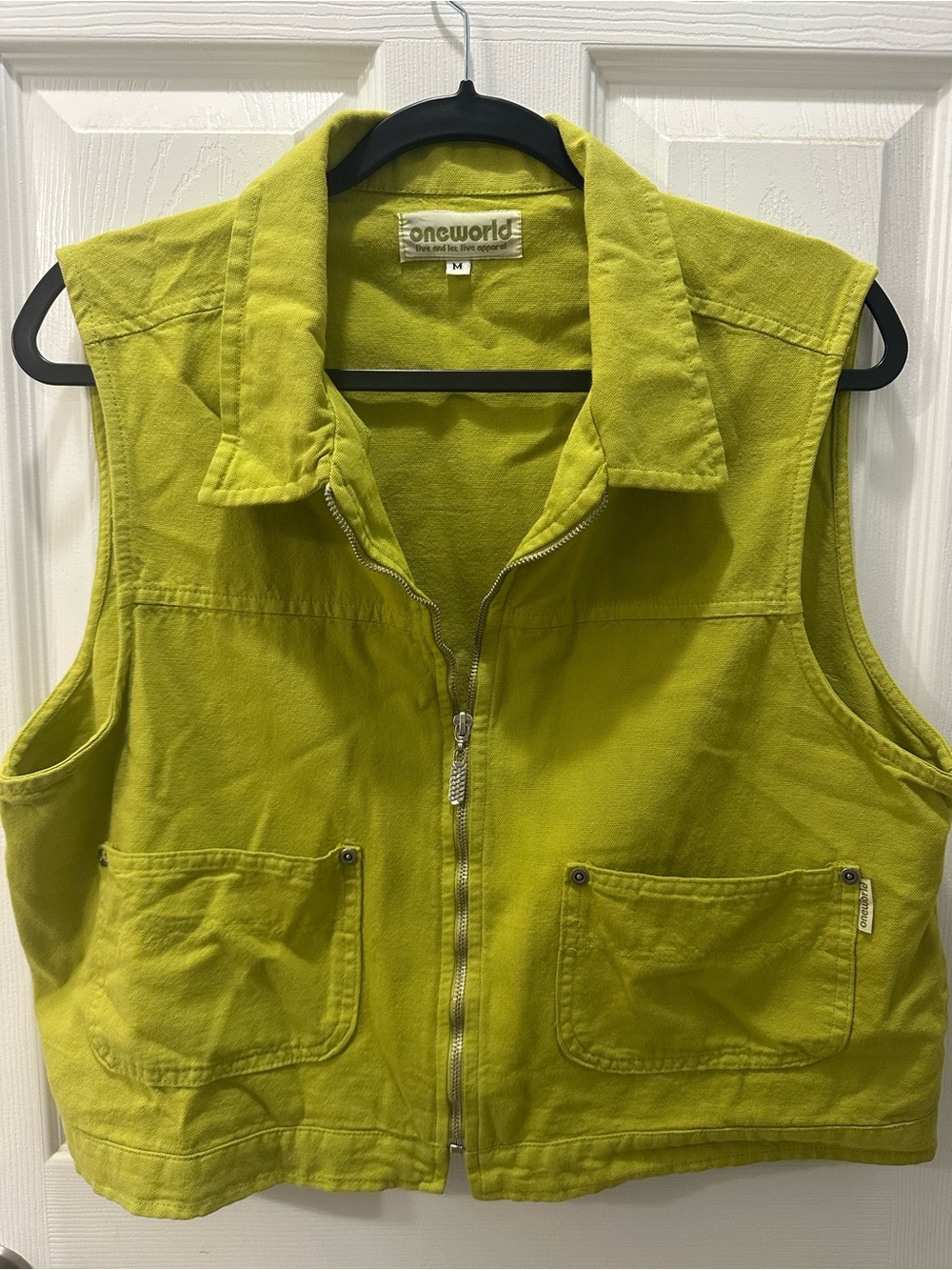 ONE WORLD Lime Green Cotton Zip-Front Utility Vest